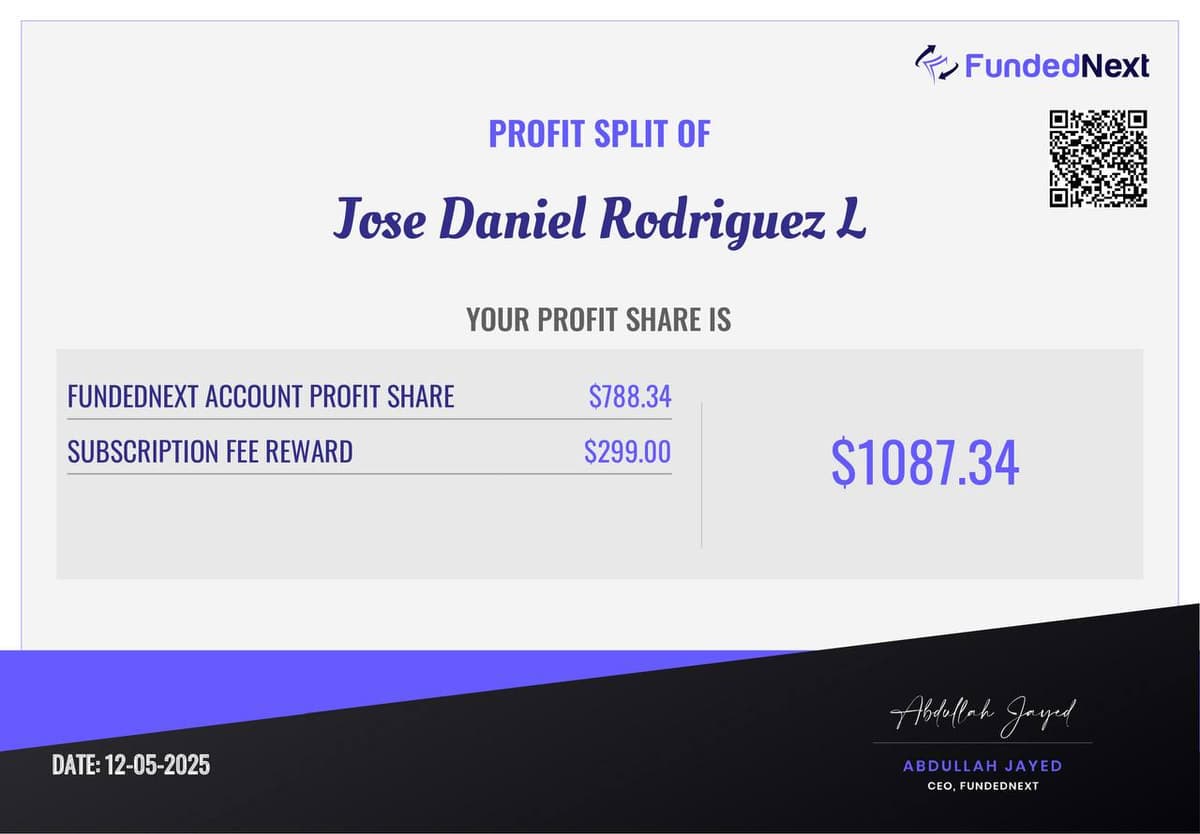 Certificado de payout de FundedNext por $1,087.34, 12 may 2025