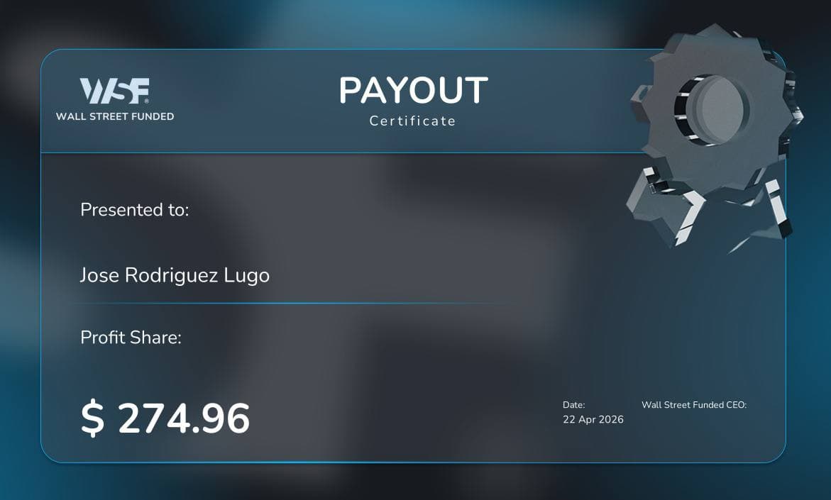 Certificado de payout de Wall Street Funded por $274.96, 22 abr 2026