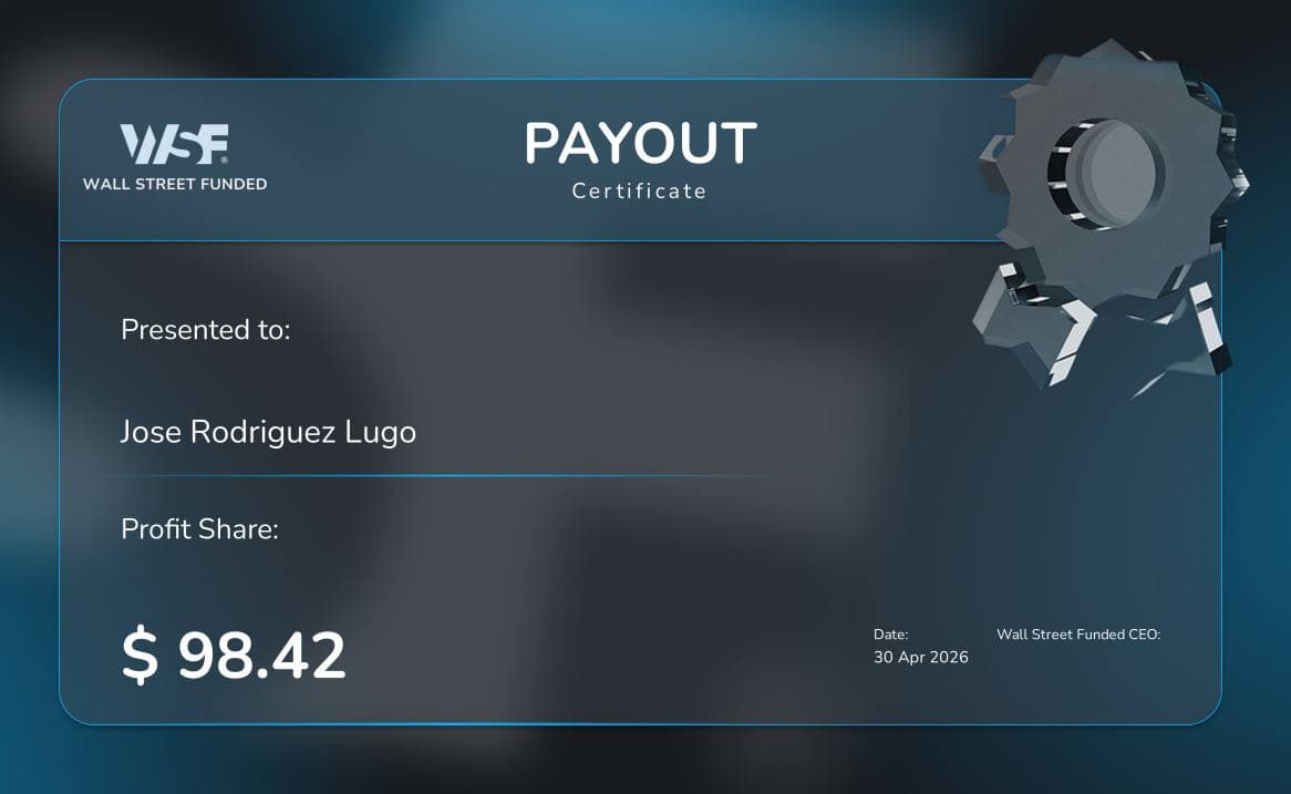 Certificado de payout de Wall Street Funded por $98.42, 30 abr 2026